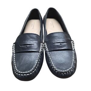 Liz Claiborne Flex Form 7.5M Black Leather Penny Loafers Contrast Stitching Flat